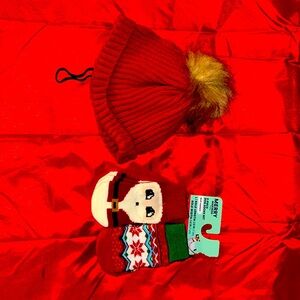 Merry Makings Red Pet Beanie (L/XL and Merry Makings 2pk of Holiday Socks (L)